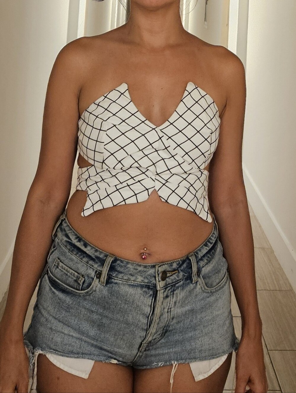 Strapless White Grid-Print Crop Top